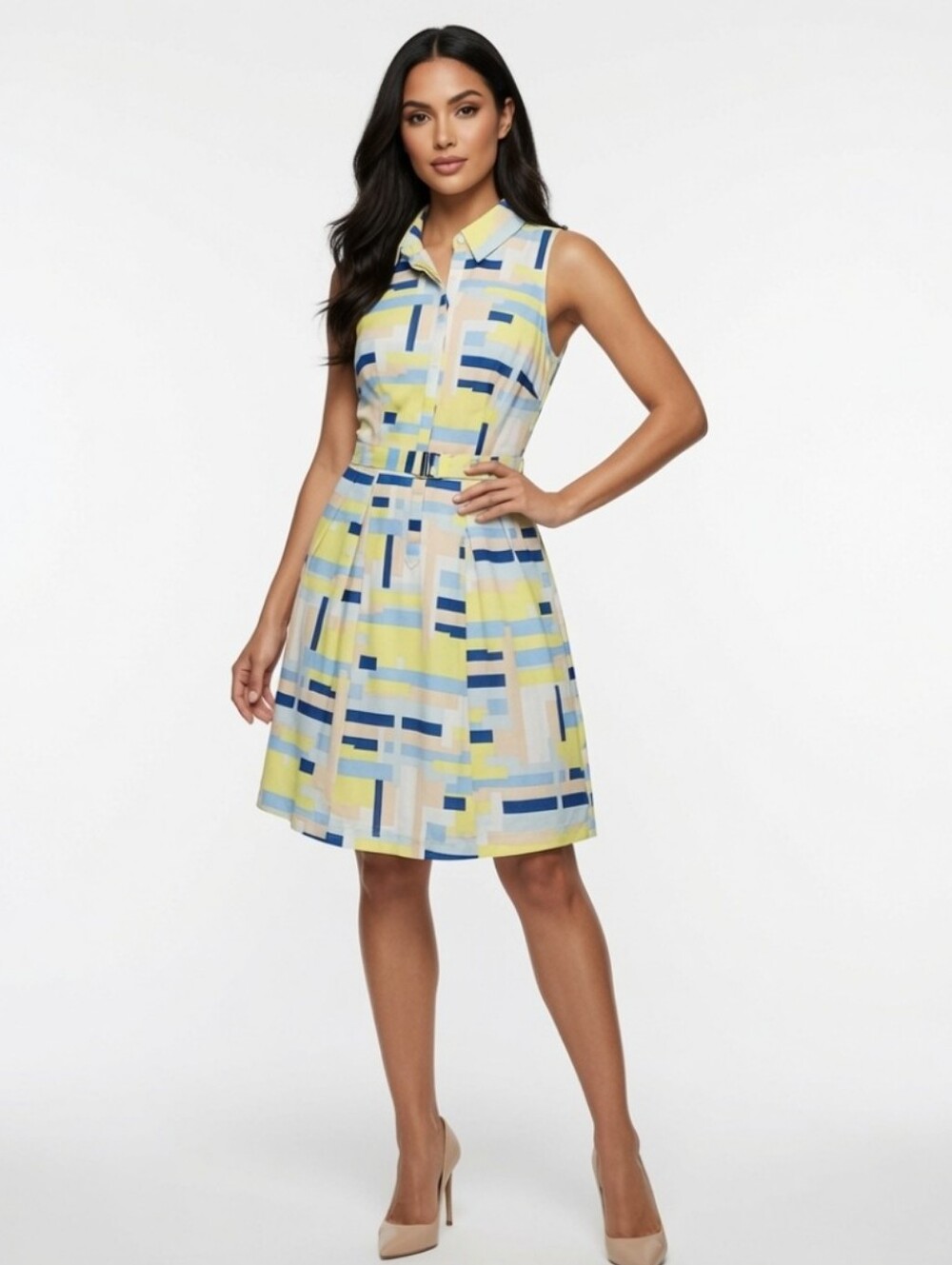 NWT ESLEY Womens Casual Party Sleeveless Shirt Collar Dress 50s Style Lined Sz M